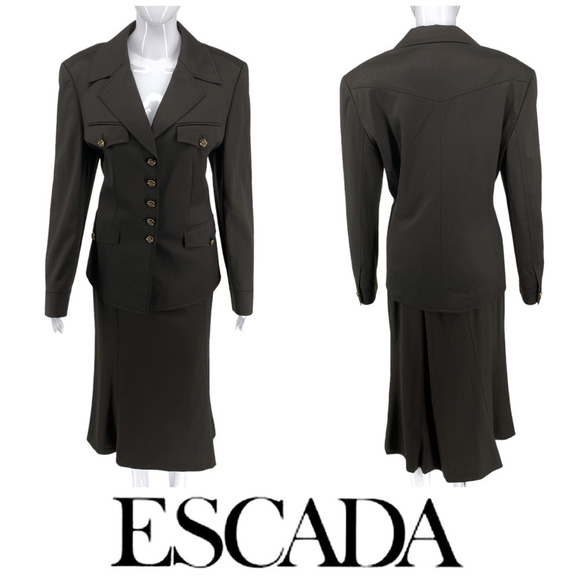 Vintage Escada Sz DE 42 US 12 Brown Wool 2 Pc Military Style Career Skirt Suit - Picture 1 of 12